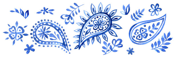 水彩画集与东方装饰佩斯利在蓝色白色背景图片下载