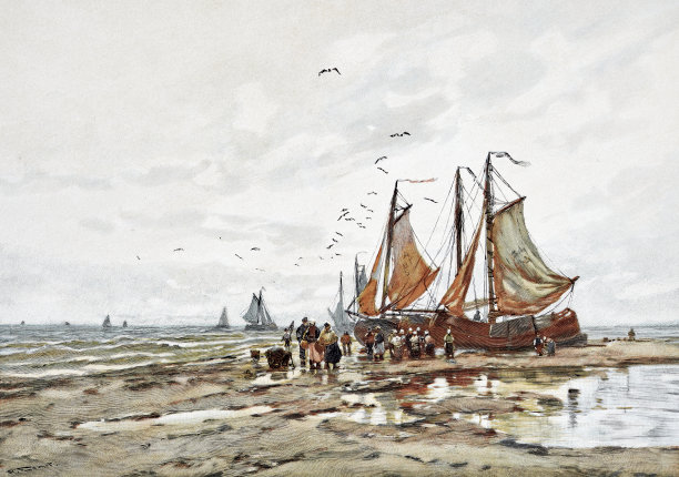 在海滩上，帆船和渔民图片下载