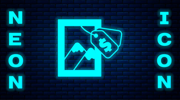 发光的霓虹灯拍卖画图标孤立的砖墙背景。拍卖竞标。卖家和买家。向量图片下载