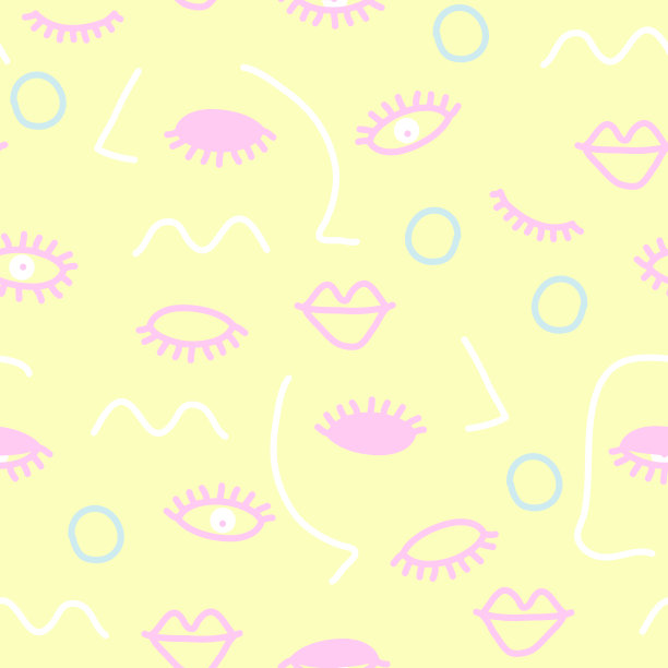 卡通无缝图案与睁眼，闭眼和嘴唇在简单的手绘风格。有趣的孤立的涂鸦。抽象手绘形状，水墨纹理。创意时尚面料。图片下载