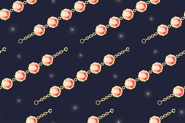 镶有圆形宝石红宝石的金手镯。矢量无缝卡通图案，女性珠宝，项链在手腕上。图片下载