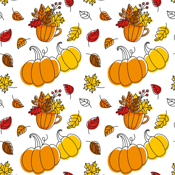 南瓜和秋天的树叶。秋天的心情。无缝模式。图片下载