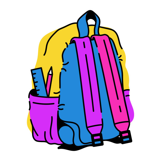 儿童书包和学习用品。平面明亮矢量插图的婴儿袋与文具隔离在白色。图片下载