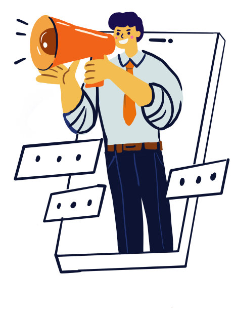 商人在智能手机上放着扩音器。商业广告和通知。人物设计孤立的白色背景图片下载