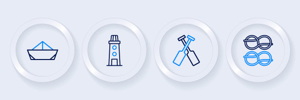 设置线航海绳结，交叉桨或桨船，灯塔和折叠纸图标。向量图片下载