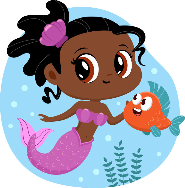 可爱的非裔美国小美人鱼卡通人物在水下游泳图片下载