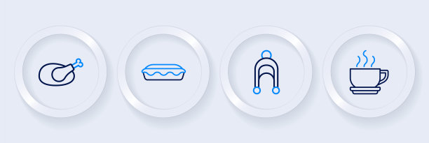 咖啡杯，树叶，自制派和烤火鸡或鸡肉图标。向量图片下载