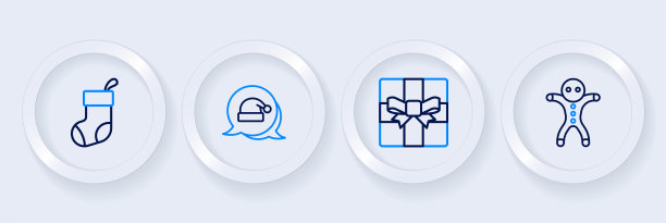 设定线假日姜饼人饼干，礼盒，圣诞老人的帽子和袜子图标。向量图片下载