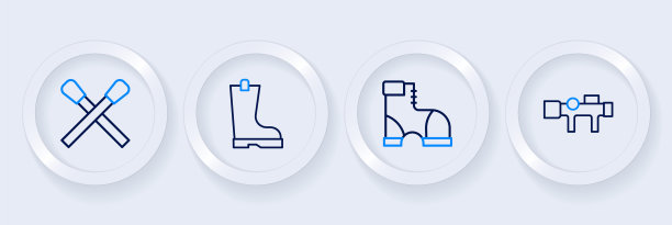 设置线狙击手光学瞄准具，猎人靴子，防水橡胶和燃烧火柴与火的图标。向量图片下载