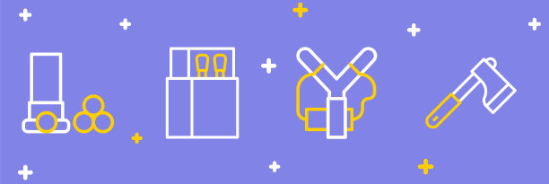 设置线木斧，弹弓，打开火柴盒和火柴和弹药图标。向量图片下载