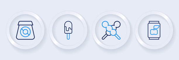 设定线汽水罐，木棒肉丸，冰淇淋和在线订购食品图标。向量图片下载