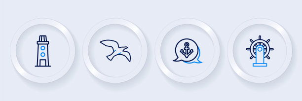 设置船舶方向盘，锚，鸟海鸥和灯塔图标。向量图片下载
