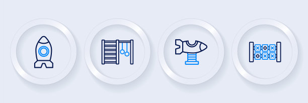 集线教育逻辑游戏，秋千飞机，瑞典墙和火箭船玩具图标。向量图片下载