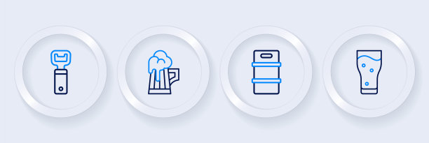 设置线啤酒，金属桶，木马克杯和开瓶器图标的玻璃。向量图片下载