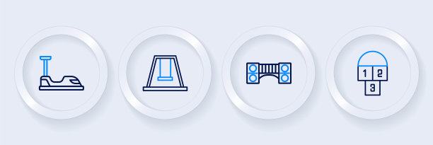 设置线跳房子，游乐场儿童桥，秋千和碰碰车图标。向量图片下载