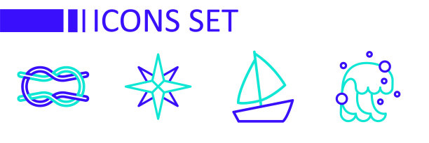 集线海啸，游艇帆船，风玫瑰和航海绳结图标。向量图片下载