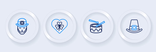 设定线小妖精帽，鼓鼓棒，三叶草和三叶草的心脏图标。向量图片下载