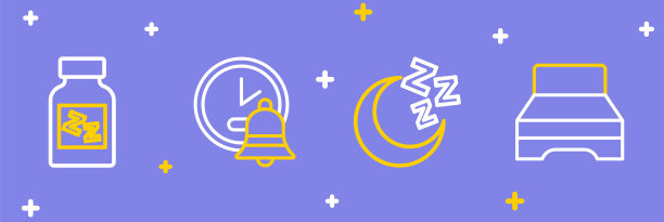 大床，月亮和星星，闹钟和安眠药图标。向量图片下载