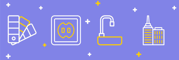 设置线城市景观，洗脸盆，电源插座和调色板指导图标。向量图片下载