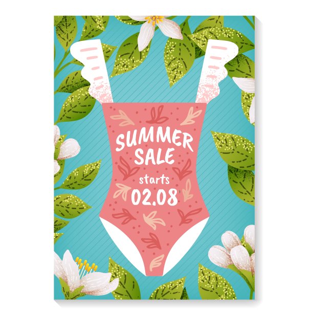 夏天出售。泳装时尚传单，女式连体比基尼优惠横幅，性感商业推广，沙滩购物。白色的花，叶在框架。矢量纹理新潮插图图片下载