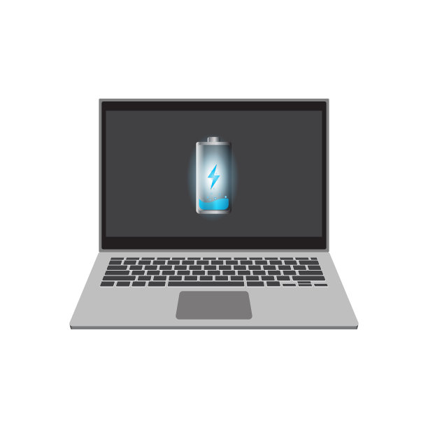笔记本电脑与充电电池图标在屏幕上，平面矢量插图EPS 10。图片下载