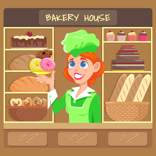 红头发的面包师在面包店柜台拿着甜甜圈图片下载