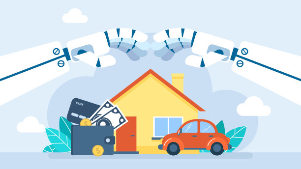 财产和人寿保险的Сoncept。Сar，健康，房子，金钱，金融被智能人工智能，机器人手所保护。自动防护危险。平的插图图片下载