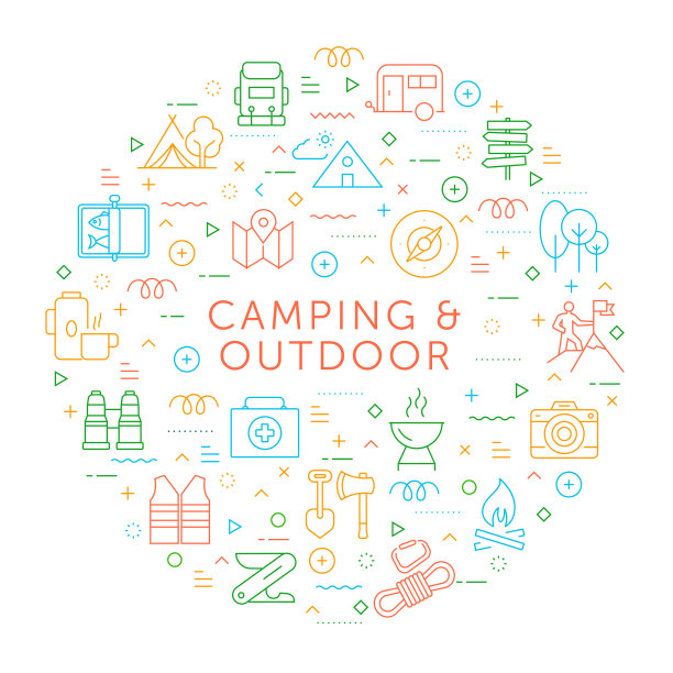 露营和户外的设计元素。带有轮廓图标的图案设计。色彩斑斓的矢量图图片下载