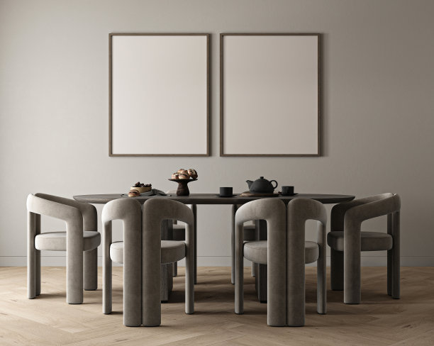 模拟两张海报在现代餐厅室内设计与灰色空墙，大桌子和服务。现代厨房正面视图。3 d渲染。高质量3d插图图片下载