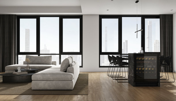现代灰色极简室内客厅，配有大型模块化沙发，全景窗户，城市景观和大理石厨房岛。3 d渲染。高质量3d插图图片下载