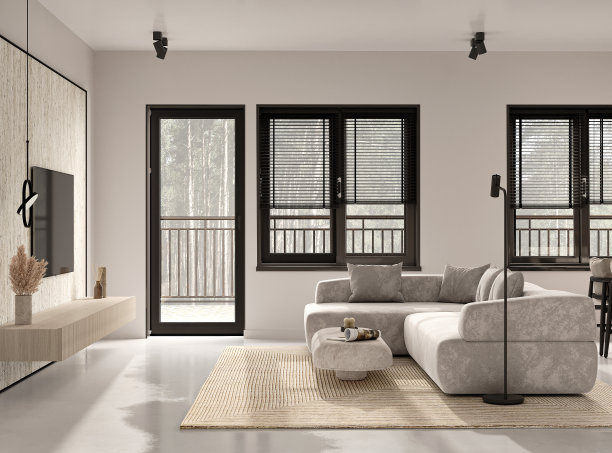 米色客厅内饰配有电视墙、吸顶灯和厨房岛台。热带全景窗口，正面视图。3 d渲染。高质量3d插图图片下载