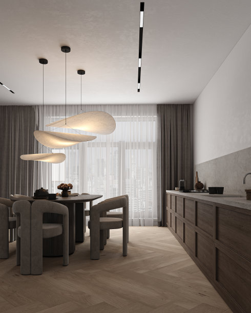 现代斯堪的纳维亚风格的深棕色厨房室内设计。装饰用灰色粉彩柜台，木制橱柜和石材台面背景。3 d渲染。高质量3d插图图片下载