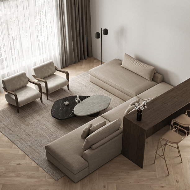 客厅内部的俯视图，配有大型模块化沙发，两把扶手椅，黑色灯和厨房岛。带全景窗的会议场所概念。3 d渲染。高质量3d插图图片下载