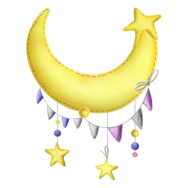 绣成黄色的新月，上面挂着丁香和粉色的旗帜和星星编成的花环。幼稚可爱的手绘水彩插图。白色背景上孤立的构图。图片下载