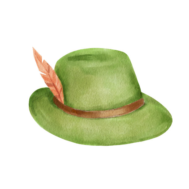 带有羽毛的绿色啤酒节帽子图标。水彩插图孤立在白色。图片下载
