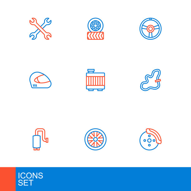 汽车制动盘与卡钳，秒表，消声器，正时皮带套件，赛车头盔，散热器冷却系统，方向盘和轮胎图标。向量图片下载