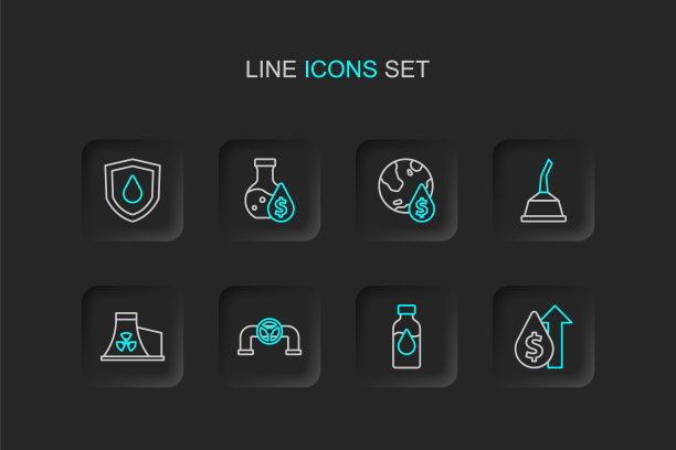 设置:油价上涨，汽油试管，带阀管道，核电站，电机机油罐，下降美元符号，上屏蔽图标。向量图片下载