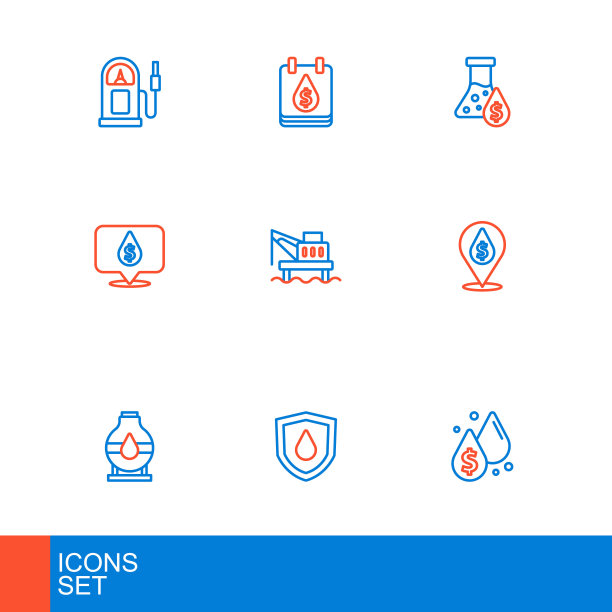 设线油滴与美元符号，在盾牌，储罐，平台在海上，汽油试管和图标。向量图片下载