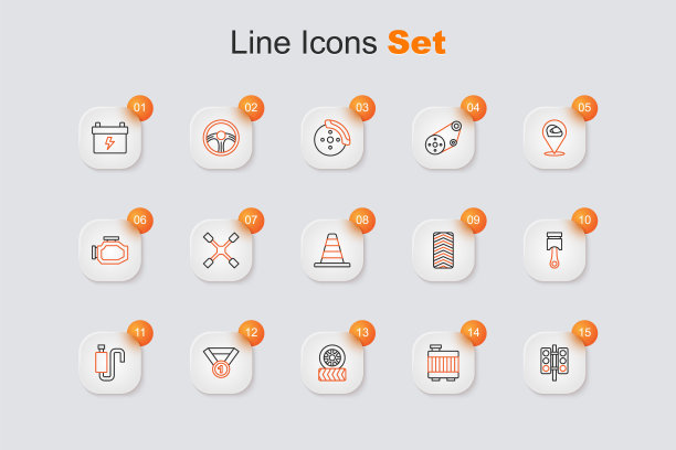 集线赛车交通灯，汽车散热器冷却系统，轮胎轮，奖章，消声器，发动机活塞，和交通锥图标。向量图片下载