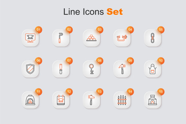 设置线铁匠烤箱，经典铁栅栏，锤子，铁砧工具，围裙，和旧钥匙图标。向量图片下载