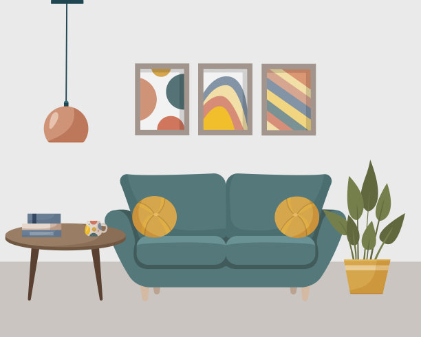 客厅。家里的家具。客厅内部有沙发，桌子，绘画，灯，房子花，矢量插图在平面风格。图片下载