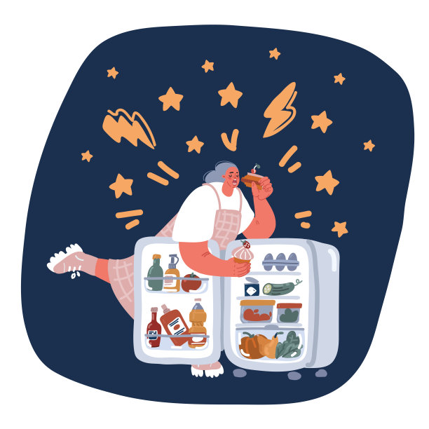 卡通矢量插图的女人贪婪地吃大和平的蛋糕在晚上附近打开冰箱图片下载