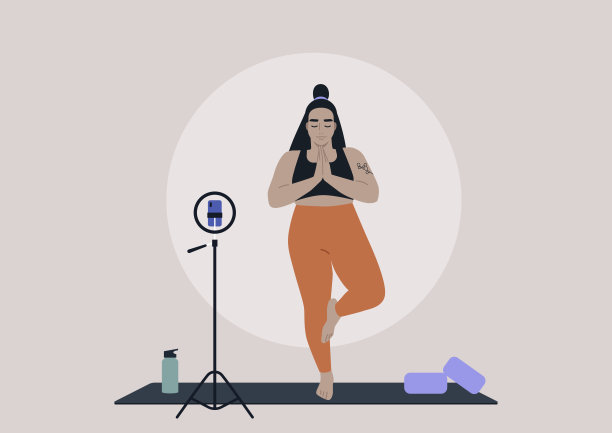 一个年轻的女性角色站在树上在家练习瑜伽，一个在线健身场景，运动服图片下载