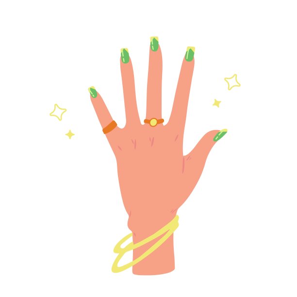 女性的手，修剪过的彩色指甲，戒指。指甲的设计。手绘彩色现代矢量插图孤立在白色背景图片下载