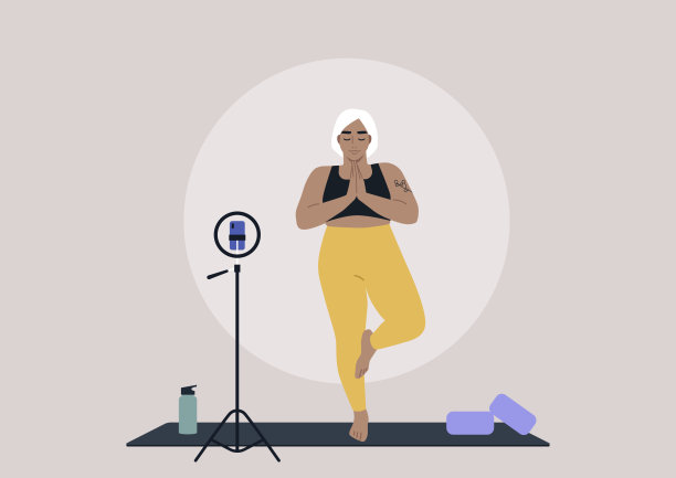 一个年轻的女性角色站在树上在家练习瑜伽，一个在线健身场景，运动服图片下载