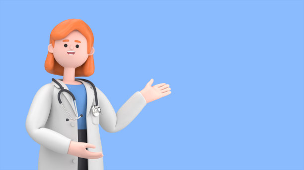 女博士新星的3D插图展示了诱人的姿态。快乐专业高加索男性专家。在蓝色背景上隔离的医学演示剪贴画图片下载