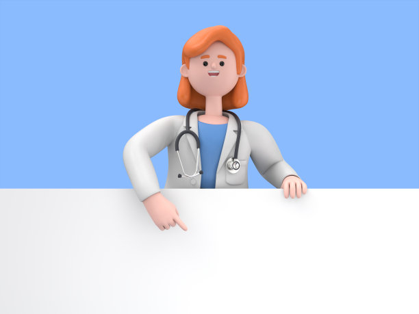 女博士诺娃指着空白演示或信息板的三维插图。靠近肖像的可爱卡通微笑的商人与广告牌。图片下载