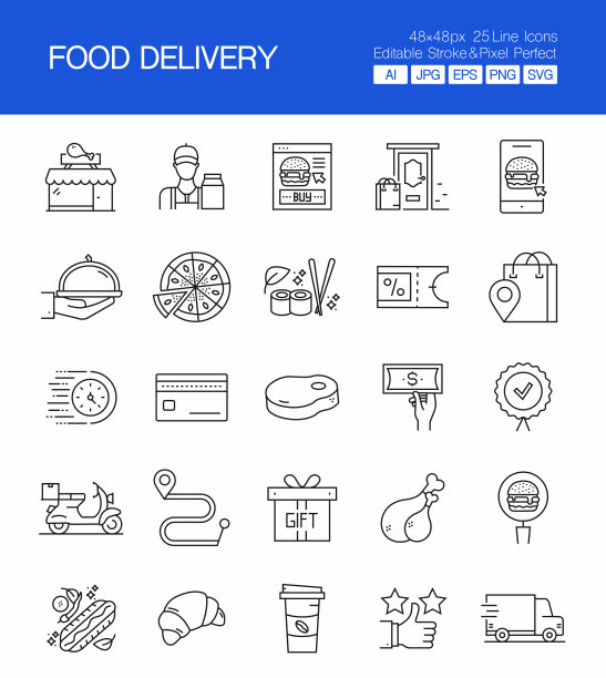食品交付细线矢量图标集。设计是可编辑的，颜色可以改变。矢量创意图标集:快递员，杂货送货，订单线，在线食品订单，送货现金图片下载