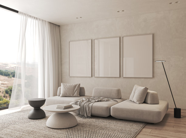 现代风格的概念公寓室内客厅。大窗户带窗帘和全景。3 d渲染。高质量3d插图图片下载