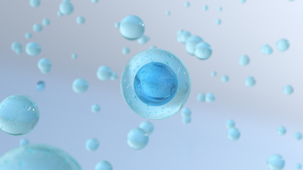 3D化妆品渲染蓝色气泡液体血清在一个模糊的背景。图片下载